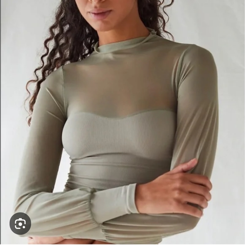 Free People Sheer Olive Long Sleeve Blouse